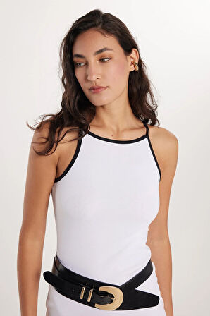 Kadın Slim Fit Dar Kesim İnce Askılı Halter Yaka Mini Beyaz Elbise