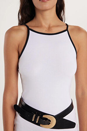 Kadın Slim Fit Dar Kesim İnce Askılı Halter Yaka Mini Beyaz Elbise