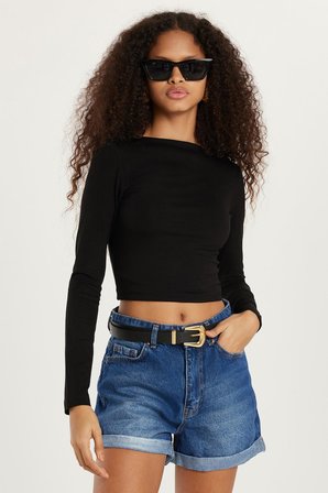 Kadın Slim Fit Dar Kesim Bisiklet Yaka Sırt Detaylı Siyah Bluz