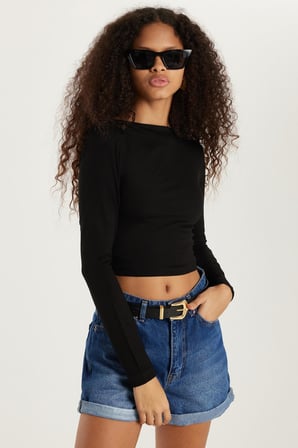 Kadın Slim Fit Dar Kesim Bisiklet Yaka Sırt Detaylı Siyah Bluz