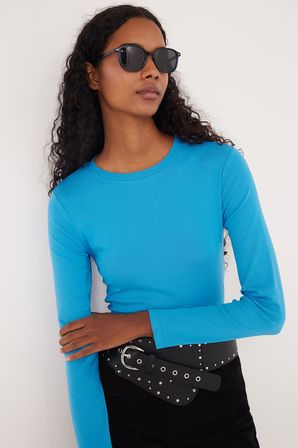 Kadın Slim Fit Pamuklu Uzun Kol Düz Bisiklet Yaka Mavi Bluz