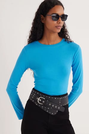 Kadın Slim Fit Pamuklu Uzun Kol Düz Bisiklet Yaka Mavi Bluz