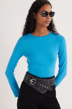 Kadın Slim Fit Pamuklu Uzun Kol Düz Bisiklet Yaka Mavi Bluz