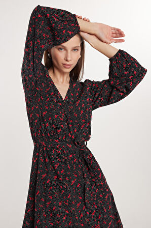 Kadın Slim Fit Dar Kesim Uzun Kollu Bağlamalı V Yaka Baskılı Viskon Elbise