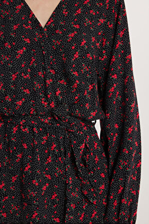 Kadın Slim Fit Dar Kesim Uzun Kollu Bağlamalı V Yaka Baskılı Viskon Elbise