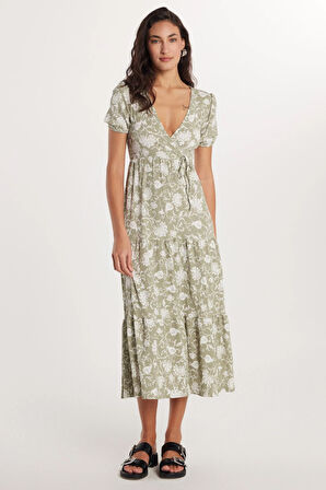 Kadın Slim Fit Dar Kesim Kısa Kollu Baskılı Gofre V Yaka Yeşil Elbise