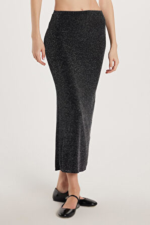 Kadın Slim Fit Simli Düz Siyah Etek