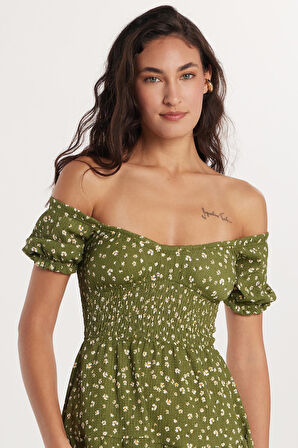 Kadın Relax Fit Rahat Kesim Kol Lastikli Straplez Baskılı Elbise