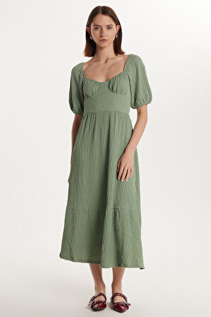 Kadın Standart Fit Normal Kesim Sırt Bağlama Detaylı U Yaka Midi Mint Elbise