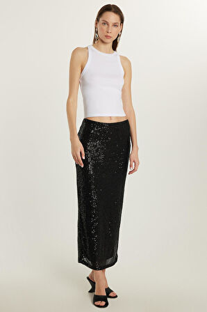 Kadın Slim Fit Simli Uzun Düz Siyah Etek