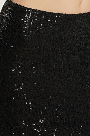 Kadın Slim Fit Simli Uzun Düz Siyah Etek