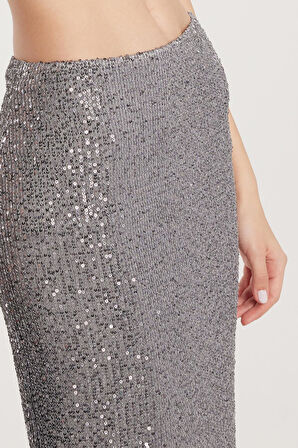 Kadın Slim Fit Simli Uzun Düz Gri Etek