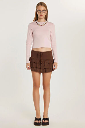 Kadın Regular Fit %100 Pamuk Düz Kahverengi Etek