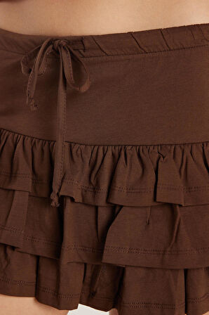 Kadın Regular Fit %100 Pamuk Düz Kahverengi Etek