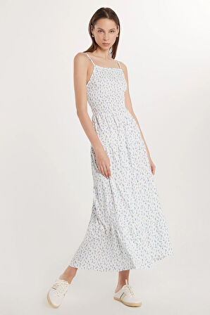 Kadın Slim Fit Dar Kesim İnce Askılı Büzgülü Kare Yaka Elbise