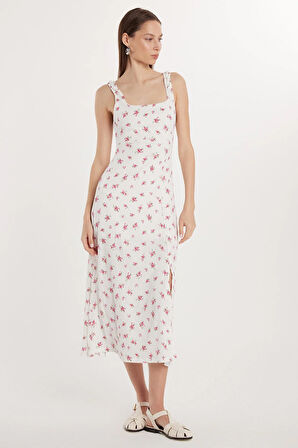 Kadın Slim Fit Dar Kesim İnce Askılı Kare Yaka Baskılı Gofre Kumaş Elbise