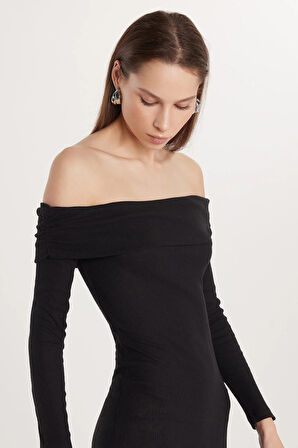 Kadın Slim Fit Dar Kesim Uzun Kollu Straplez Siyah Elbise