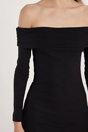 Kadın Slim Fit Dar Kesim Uzun Kollu Straplez Siyah Elbise