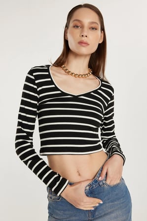 Kadın Slim Fit Dar Kesim Uzun Kollu Bisiklet Yaka Çizgili Bluz