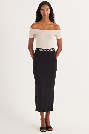 Kadın Standart Fit Modal Kumaş Siyah Maxi Boy Etek