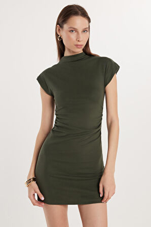 Kadın Modal Kumaş Standart Fit Truvakar Kol Bisiklet Yaka Haki Elbise