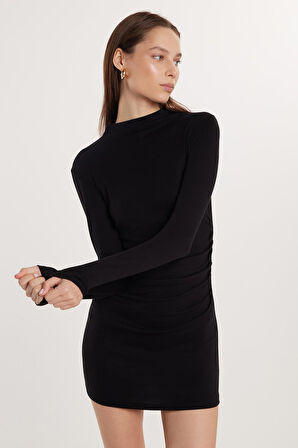 Kadın Modal Kumaş Standart Fit Uzun Kollu Bisiklet Yaka Siyah Elbise