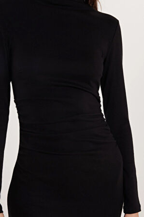 Kadın Modal Kumaş Standart Fit Uzun Kollu Bisiklet Yaka Siyah Elbise