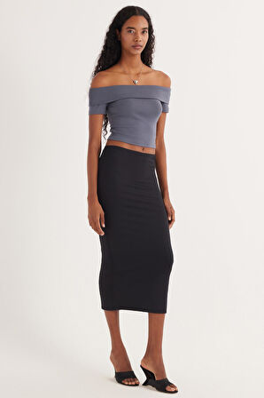 Kadın Slim Fit Dar Kesim Midi Boy Siyah Etek