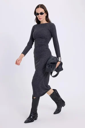Kadın Slim Fit Dar Kesim Bisiklet Yaka Antrasit Elbise