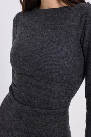 Kadın Slim Fit Dar Kesim Bisiklet Yaka Antrasit Elbise