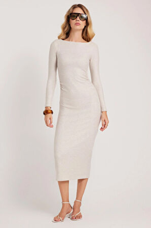 Kadın Slim Fit Dar Kesim Bisiklet Yaka Bej Elbise