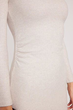 Kadın Slim Fit Dar Kesim Bisiklet Yaka Bej Elbise