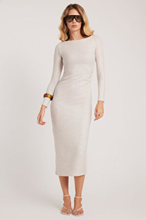 Kadın Slim Fit Dar Kesim Bisiklet Yaka Bej Elbise