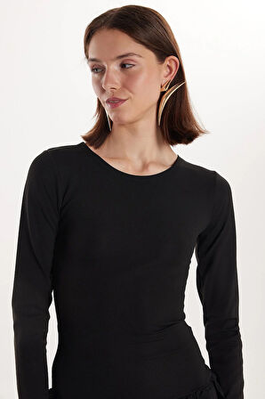 Kadın Slim Fit Dar Kesim Uzun Kollu Bisiklet Yaka Mini Siyah Elbise