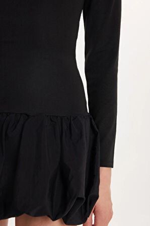 Kadın Slim Fit Dar Kesim Uzun Kollu Bisiklet Yaka Mini Siyah Elbise