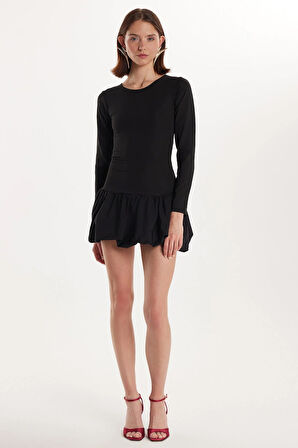 Kadın Slim Fit Dar Kesim Uzun Kollu Bisiklet Yaka Mini Siyah Elbise