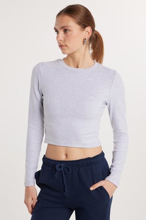 Kadın Slim Fit Dar Kesim Bisiklet Yaka Gri Bluz