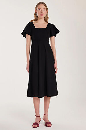 Kadın Standart Fit Normal Kesim U Yaka Pileli Midi Siyah Elbise