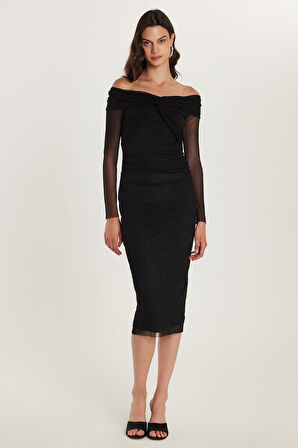 Kadın Slim Fit Dar Kesim Uzun Kollu Straplez Tül Detaylı Siyah Elbise