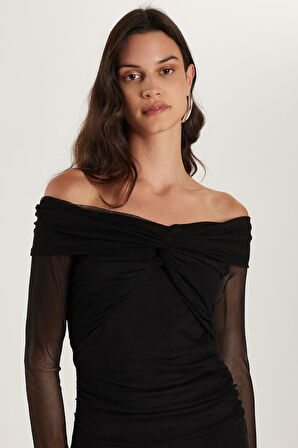 Kadın Slim Fit Dar Kesim Uzun Kollu Straplez Tül Detaylı Siyah Elbise