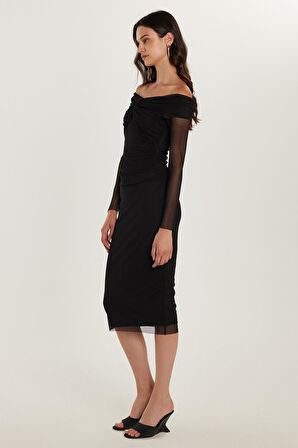 Kadın Slim Fit Dar Kesim Uzun Kollu Straplez Tül Detaylı Siyah Elbise