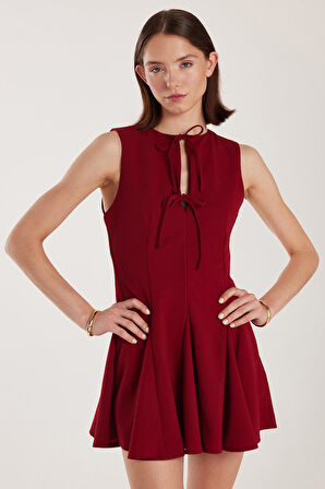 Kadın Regular Fit Klasik Kesim Boyun Bağlama Detaylı Mini Bordo Elbise