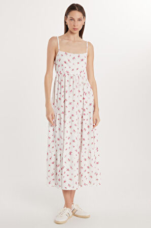 Kadın Regular Fit İnce Askılı Kare Yaka Bağlama Detaylı Baskılı Elbise