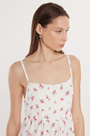 Kadın Regular Fit İnce Askılı Kare Yaka Bağlama Detaylı Baskılı Elbise