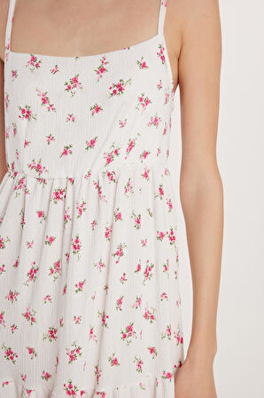 Kadın Regular Fit İnce Askılı Kare Yaka Bağlama Detaylı Baskılı Elbise