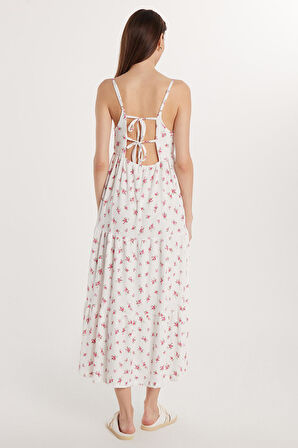 Kadın Regular Fit İnce Askılı Kare Yaka Bağlama Detaylı Baskılı Elbise