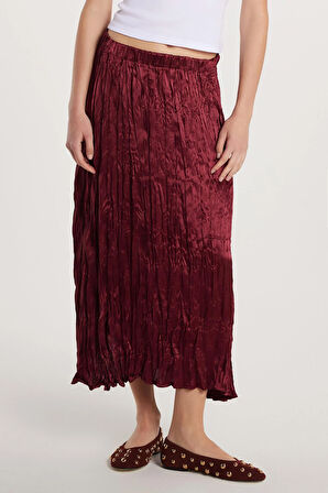 Kadın Regular Fit Desenli Saten Bordo Etek