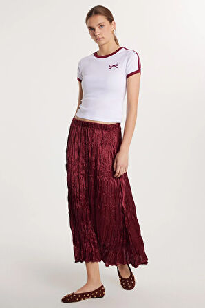 Kadın Regular Fit Desenli Saten Bordo Etek