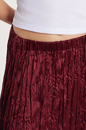 Kadın Regular Fit Desenli Saten Bordo Etek