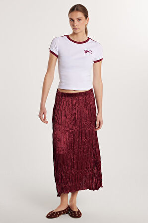 Kadın Regular Fit Desenli Saten Bordo Etek